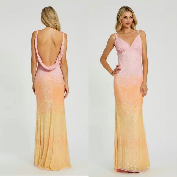 Mac Duggal 5763 Sunset 10 Ombre Pink Orange Yellow Sequin Formal Maxi Gown Dress - Picture 1 of 11